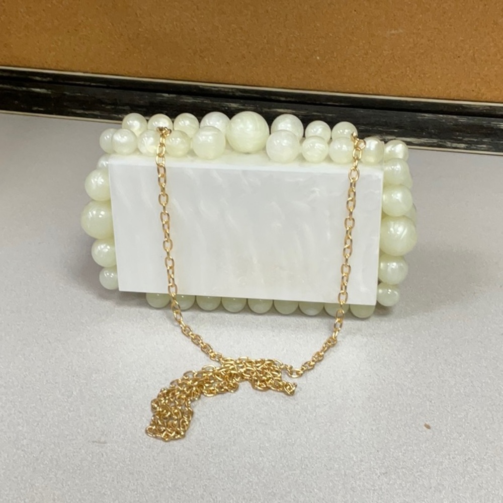 Pearl Bead Box Clutch with Gold Chain
